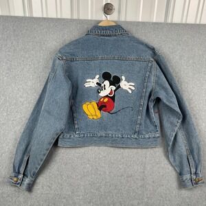 VTG Disney Store Mickey Mouse Jacket Womens S Denim Jean Embroidered Peace 90s
